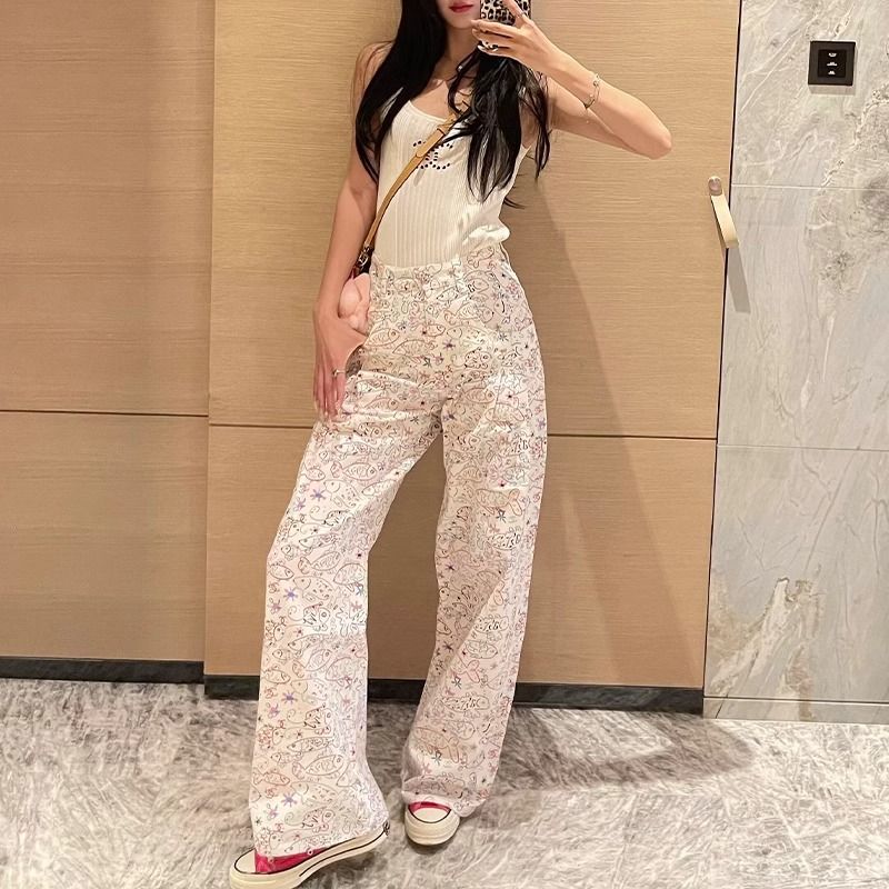 Cartoon straight wide leg pants printing mopping pants