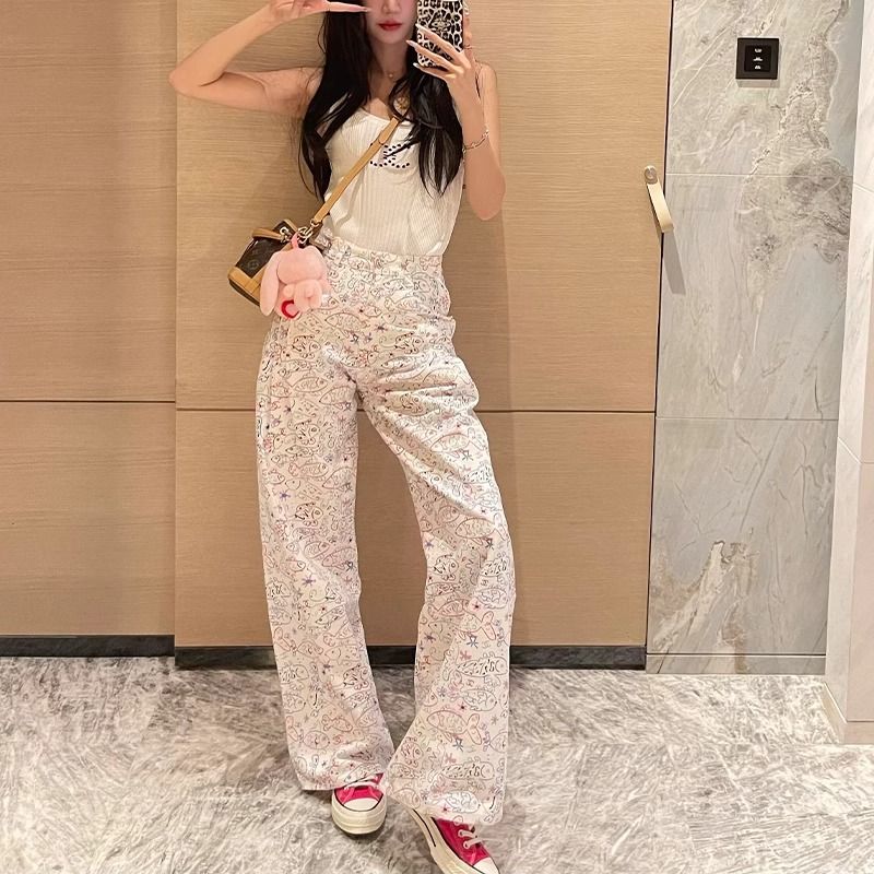 Cartoon straight wide leg pants printing mopping pants