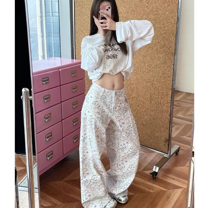 Cartoon straight wide leg pants printing mopping pants