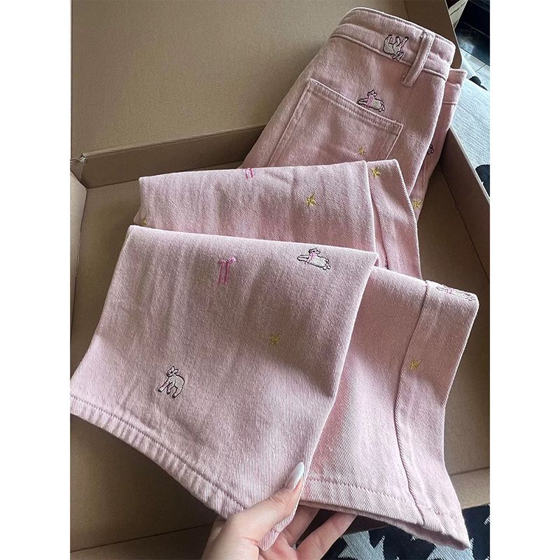 Straight pants embroidery slim wide leg jeans for women