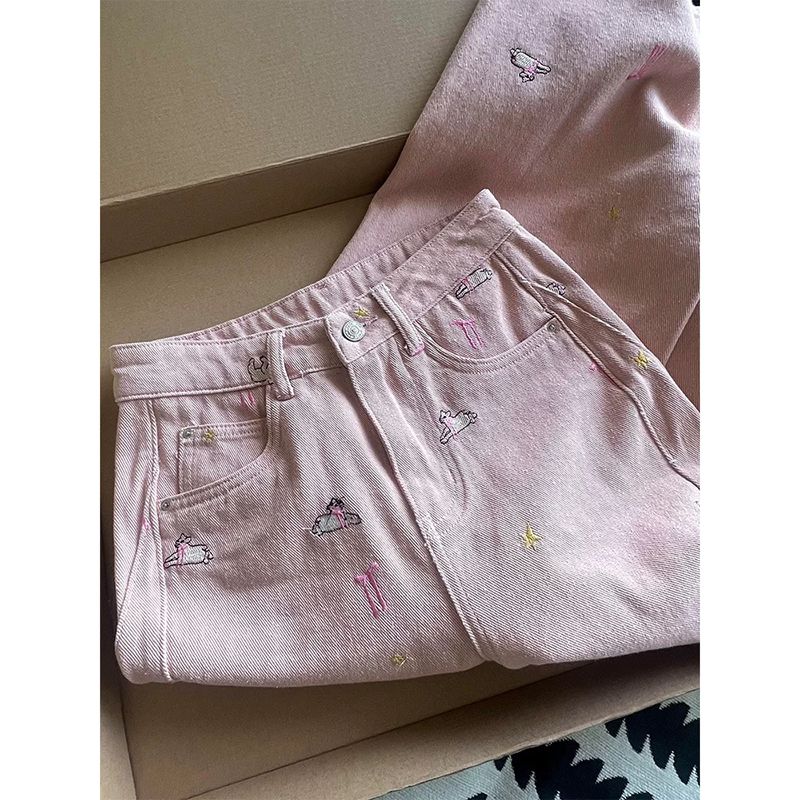 Straight pants embroidery slim wide leg jeans for women
