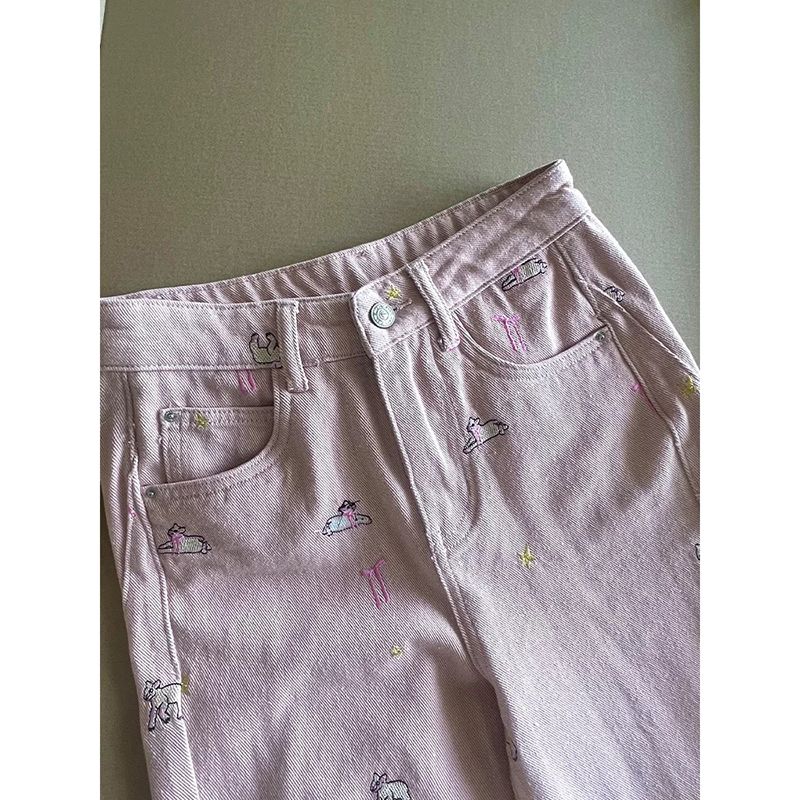 Straight pants embroidery slim wide leg jeans for women
