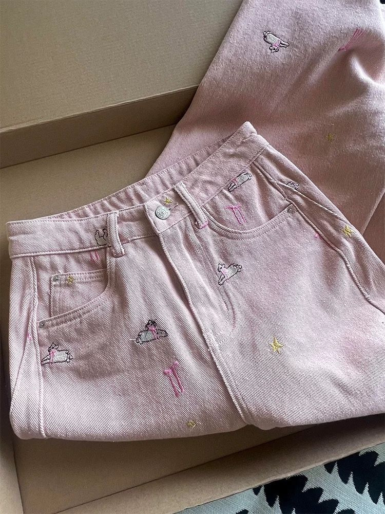 Straight pants embroidery slim wide leg jeans for women