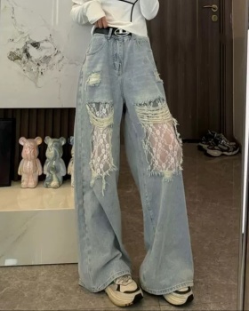 Holes high waist jeans retro wide leg long pants for women