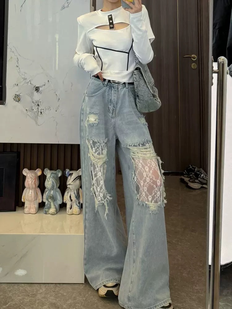 Holes high waist jeans retro wide leg long pants for women