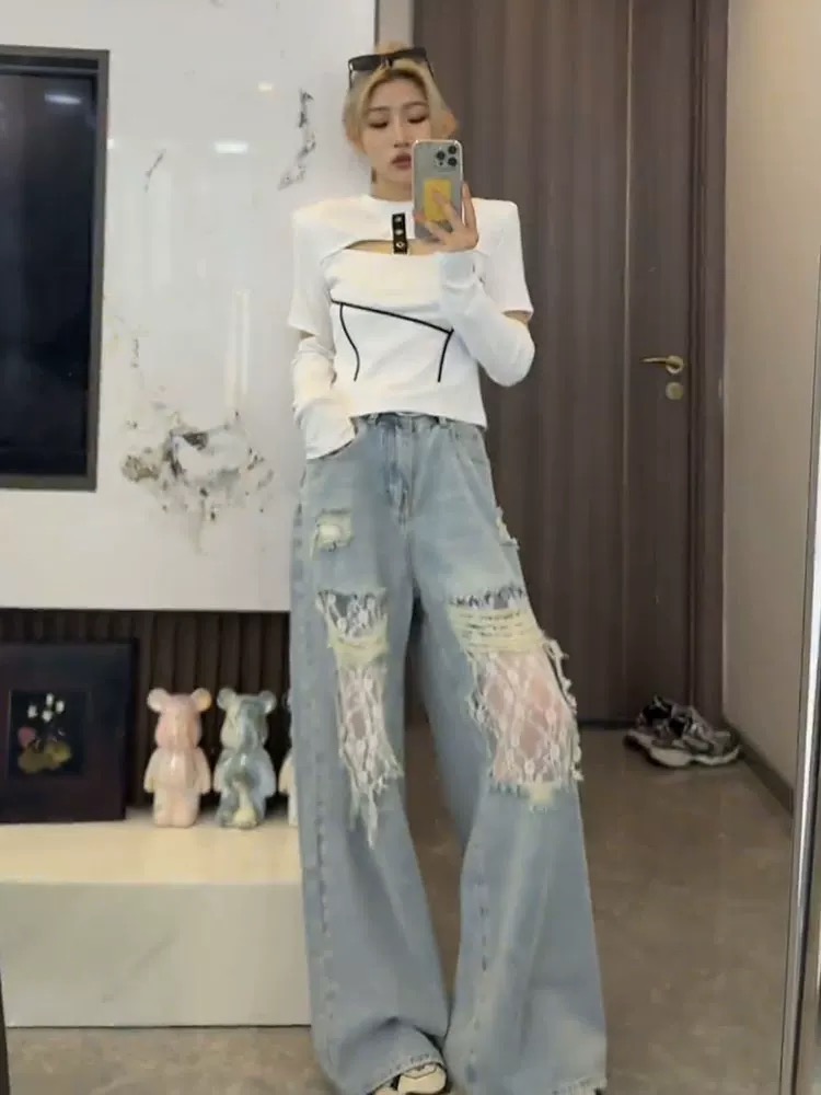 Holes high waist jeans retro wide leg long pants for women