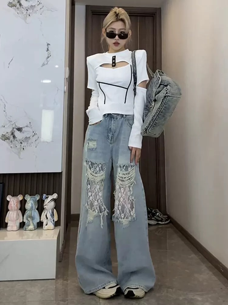 Holes high waist jeans retro wide leg long pants for women