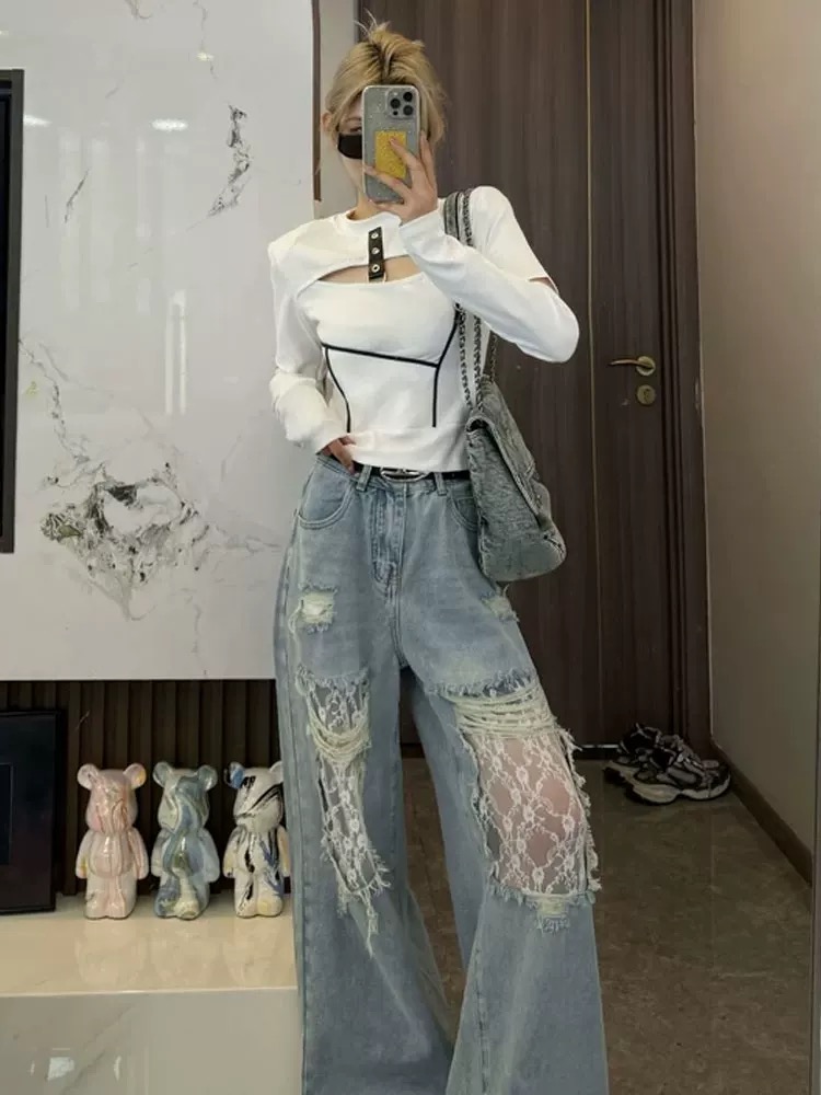 Holes high waist jeans retro wide leg long pants for women