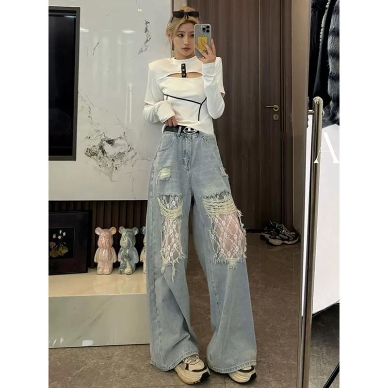 Holes high waist jeans retro wide leg long pants for women