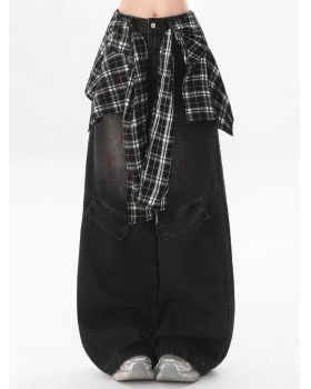 Retro plaid jeans Pseudo-two loose work pants for women