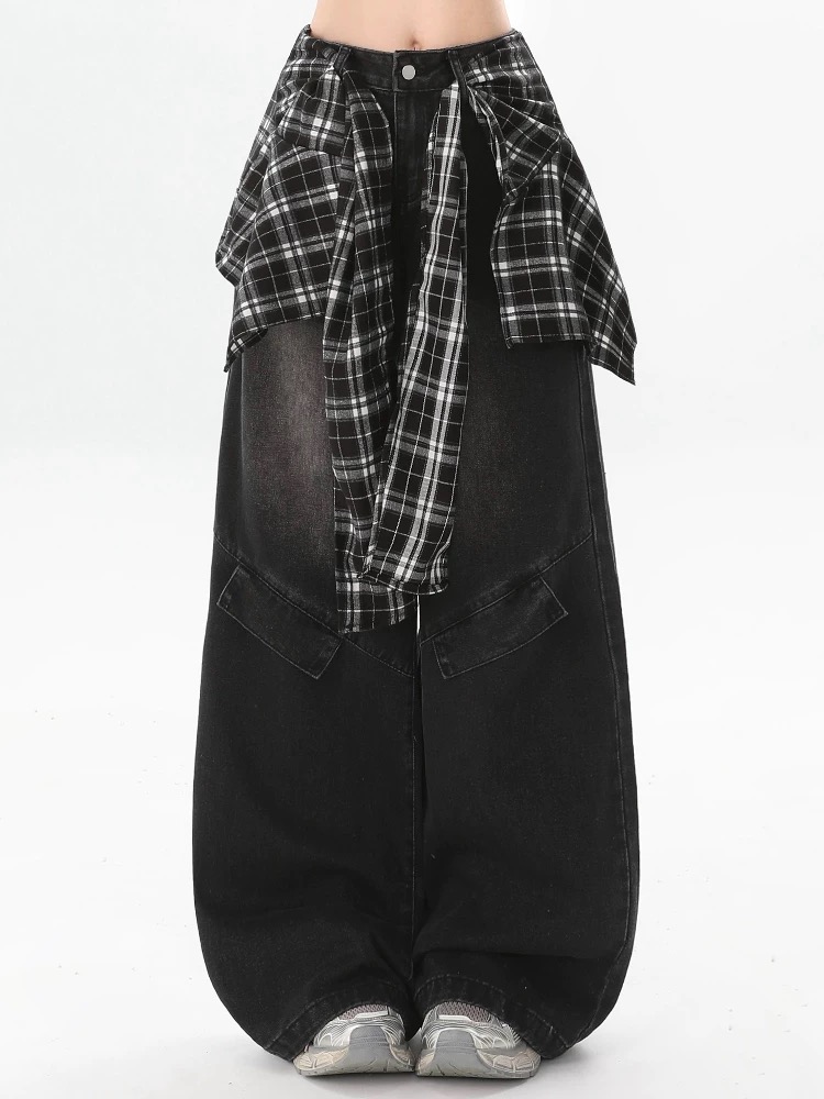 Retro plaid jeans Pseudo-two loose work pants for women