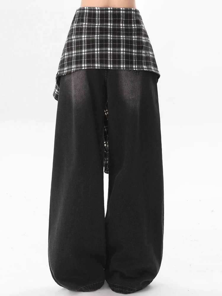 Retro plaid jeans Pseudo-two loose work pants for women