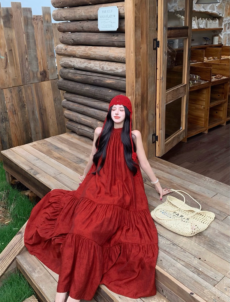 Red halter seaside sleeveless vacation loose dress