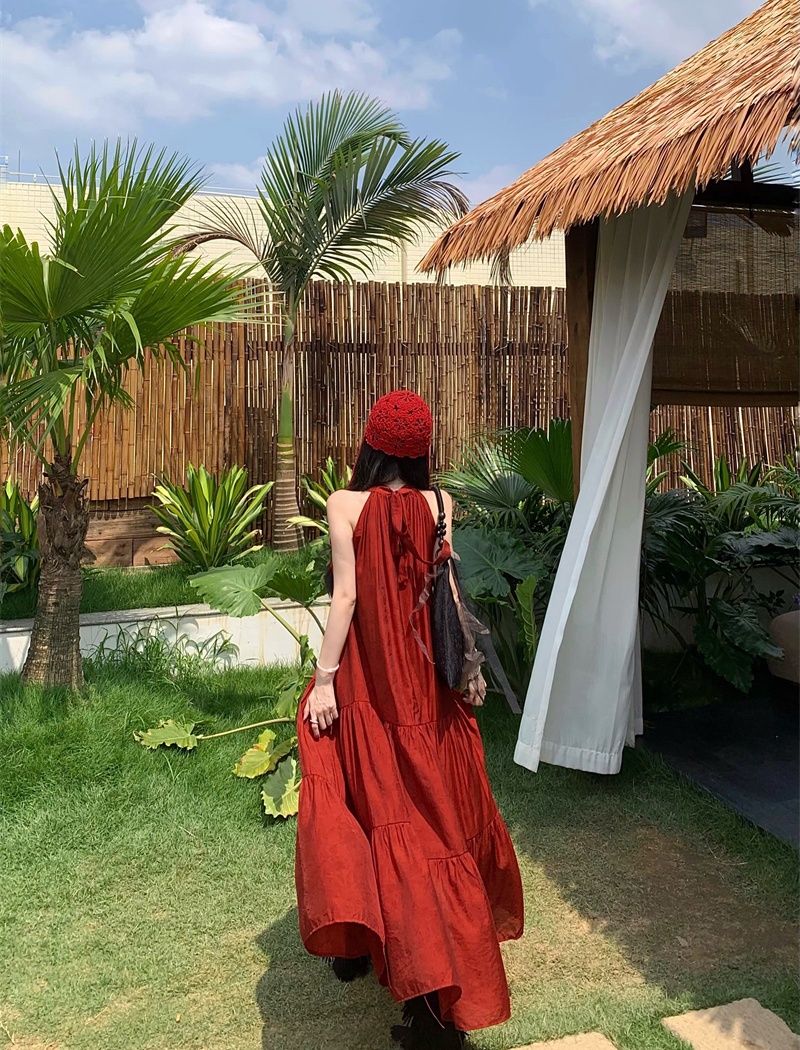 Red halter seaside sleeveless vacation loose dress