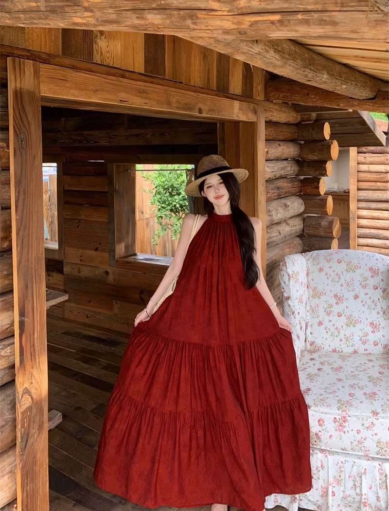 Red halter seaside sleeveless vacation loose dress
