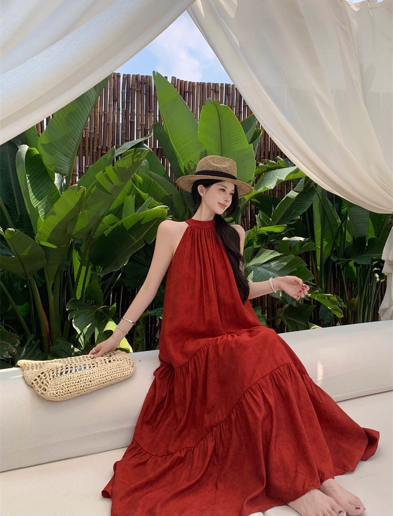 Red halter seaside sleeveless vacation loose dress