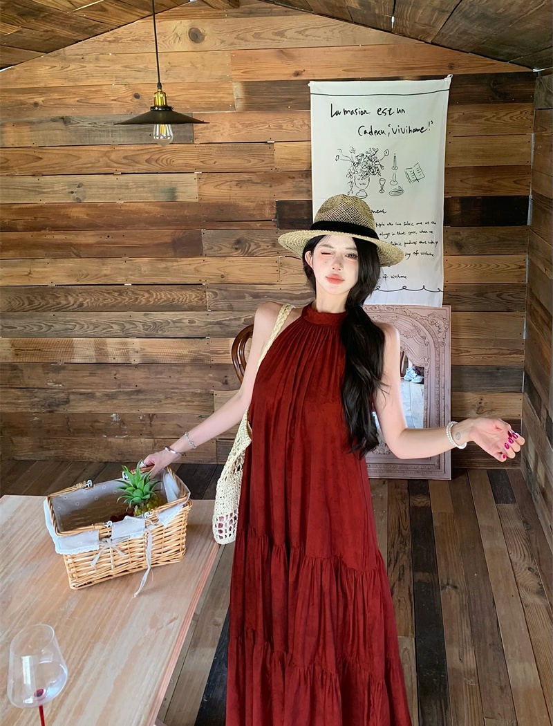 Red halter seaside sleeveless vacation loose dress