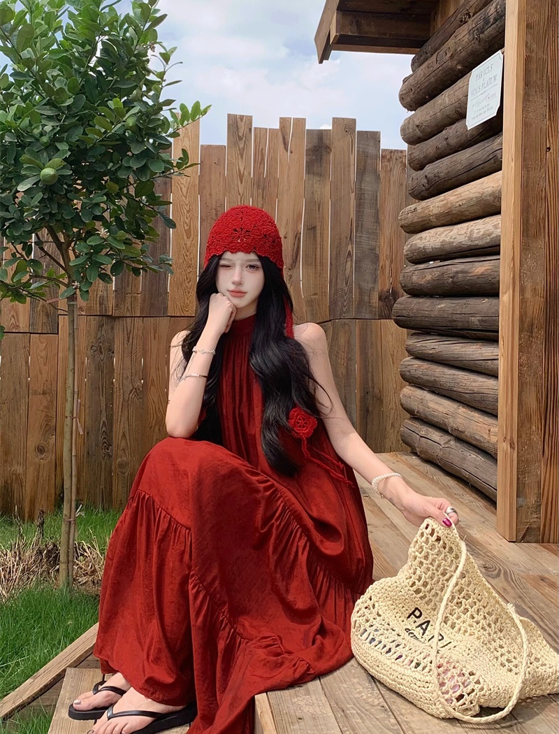 Red halter seaside sleeveless vacation loose dress