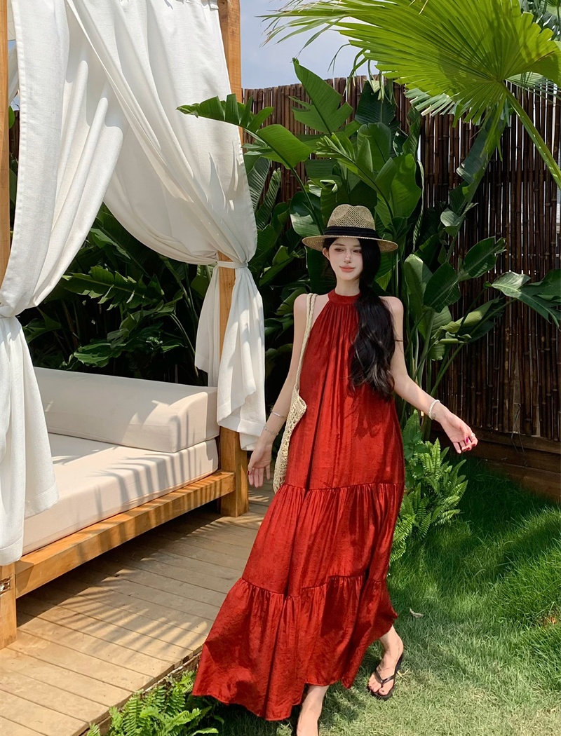 Red halter seaside sleeveless vacation loose dress
