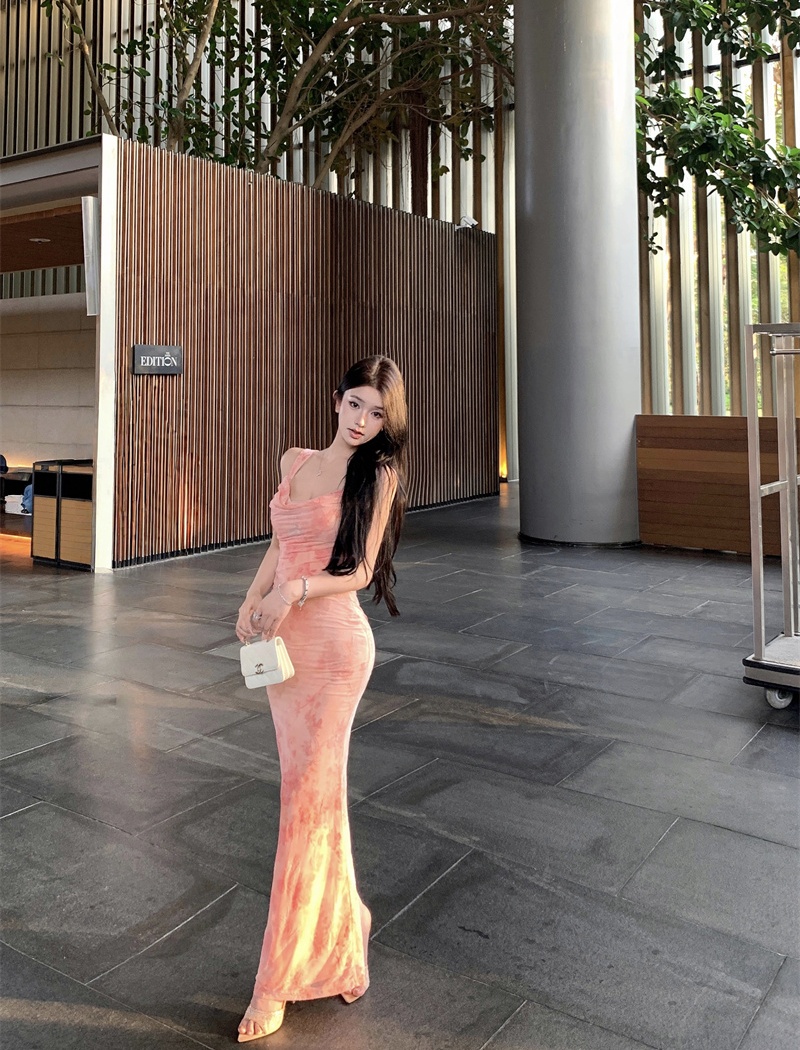 Pink sexy long dress vacation halter dress for women