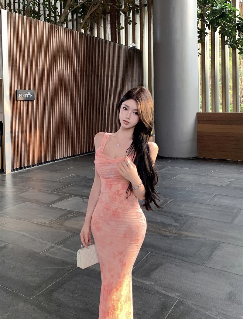 Pink sexy long dress vacation halter dress for women