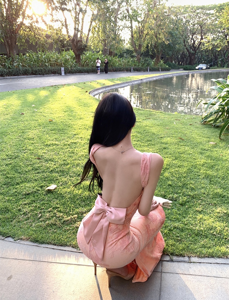 Pink sexy long dress vacation halter dress for women