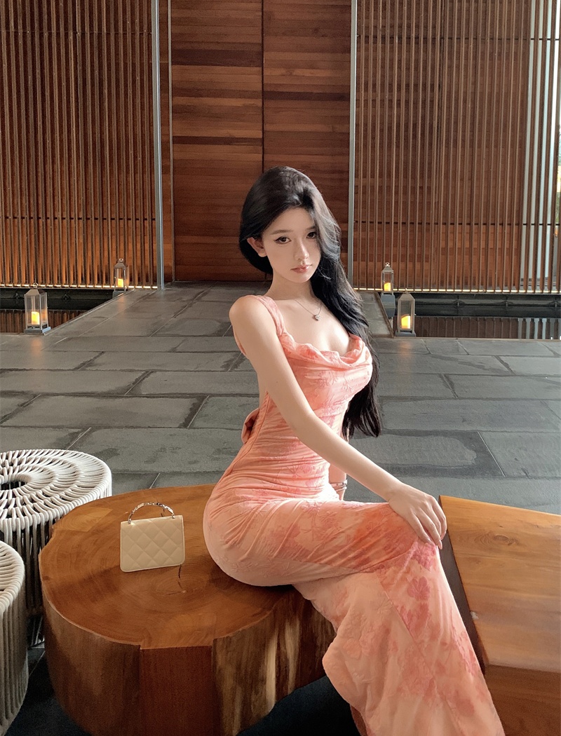 Pink sexy long dress vacation halter dress for women