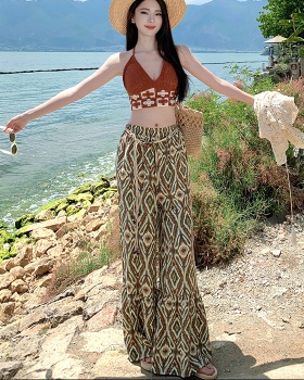 Flower wide leg pants irregular halter tops a set