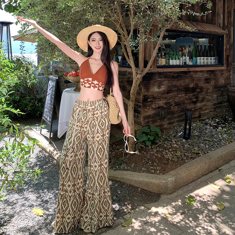 Flower wide leg pants irregular halter tops a set