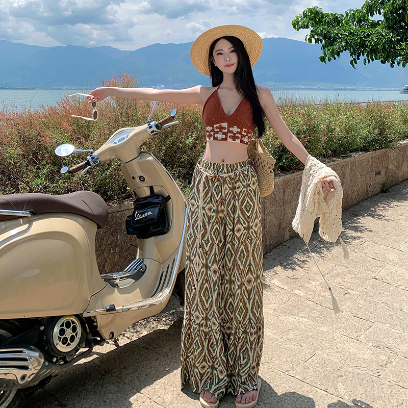 Flower wide leg pants irregular halter tops a set