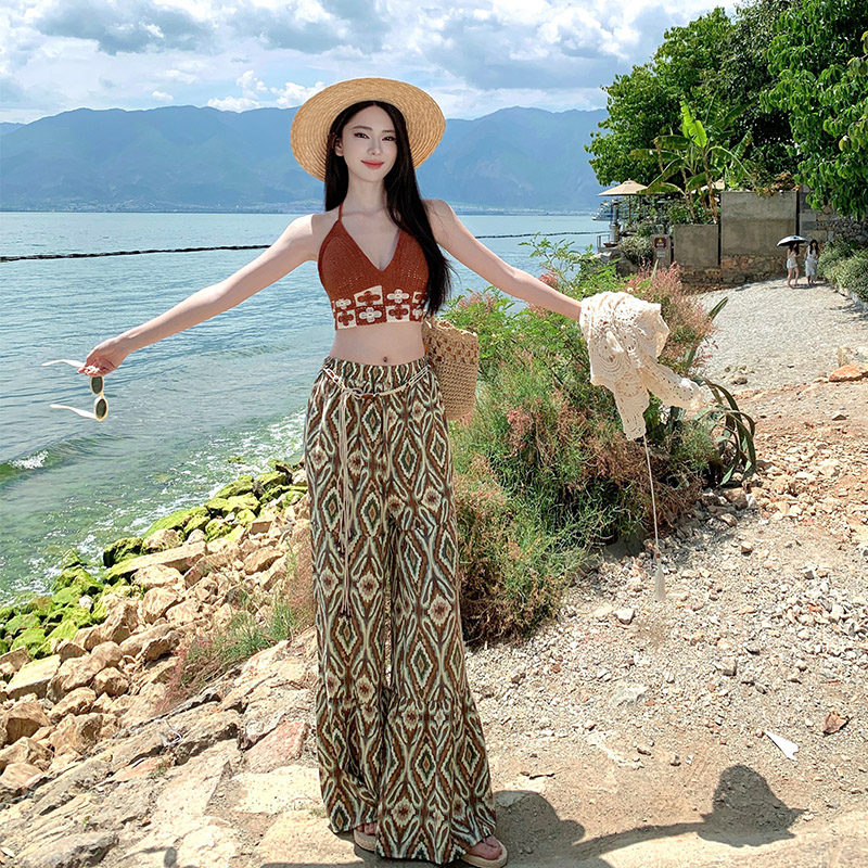 Flower wide leg pants irregular halter tops a set