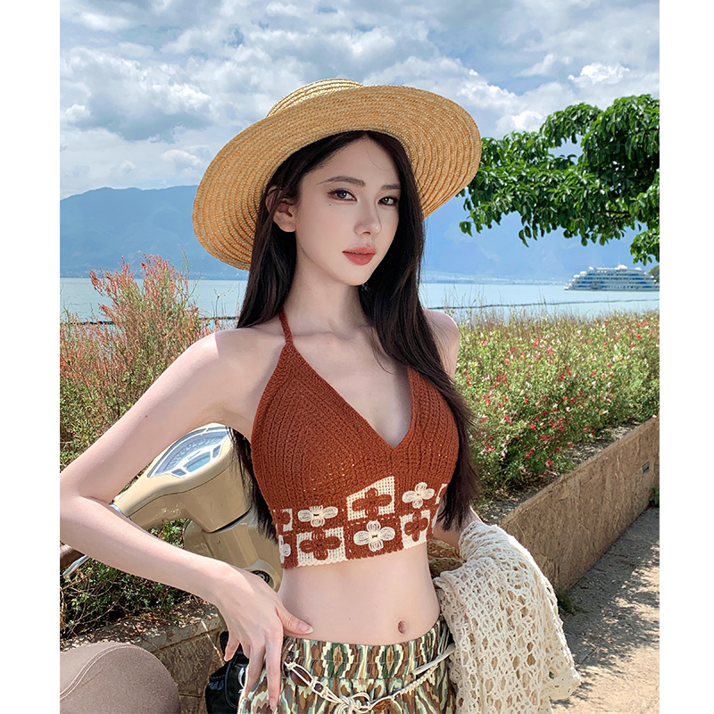 Flower wide leg pants irregular halter tops a set
