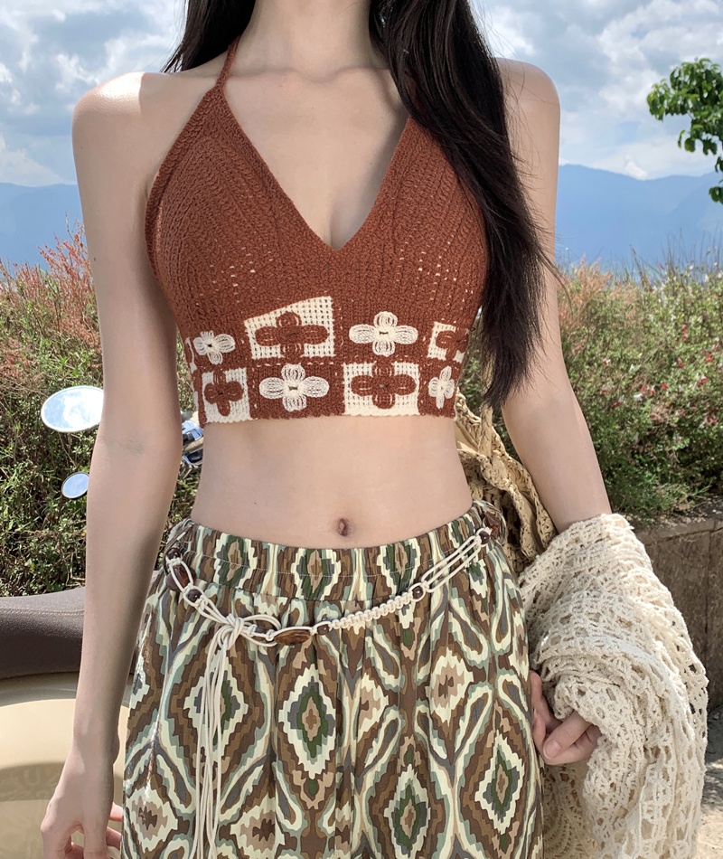 Flower wide leg pants irregular halter tops a set