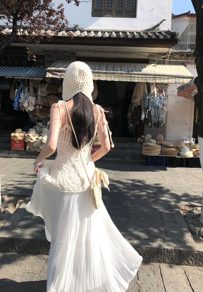 Lady hollow crimp long skirt white travel skirt a set
