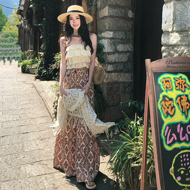 Travel wide leg pants Bohemian style pants a set