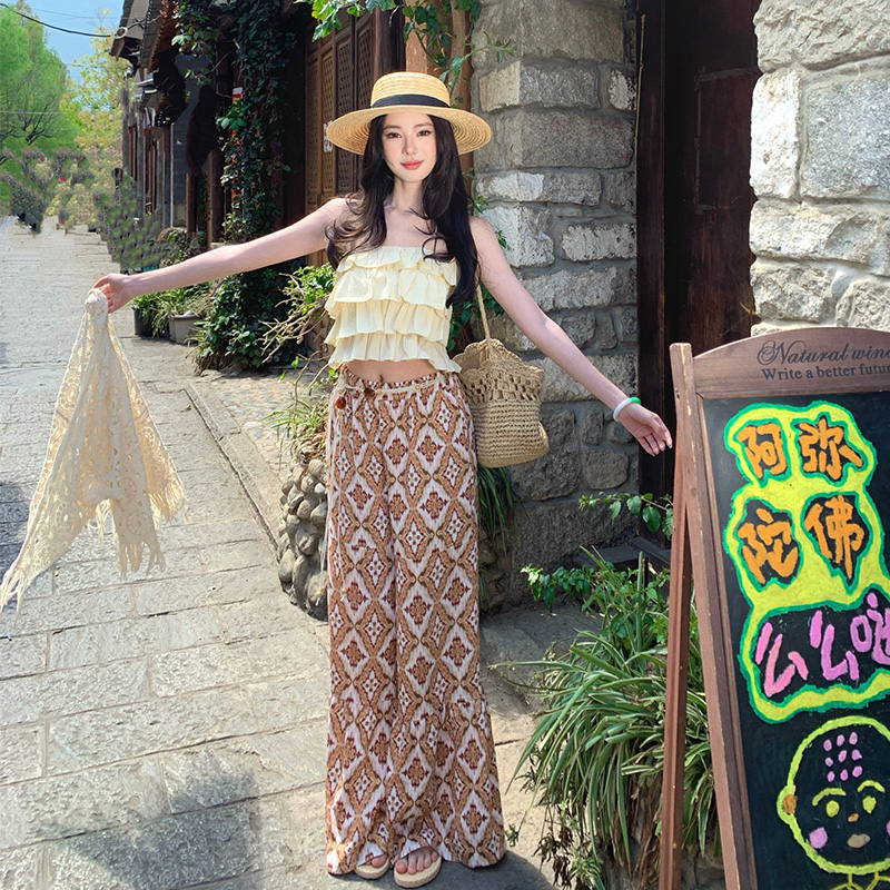 Travel wide leg pants Bohemian style pants a set