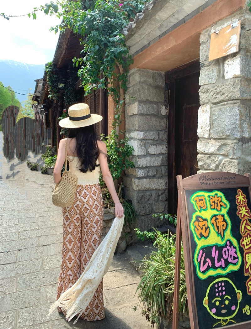 Travel wide leg pants Bohemian style pants a set