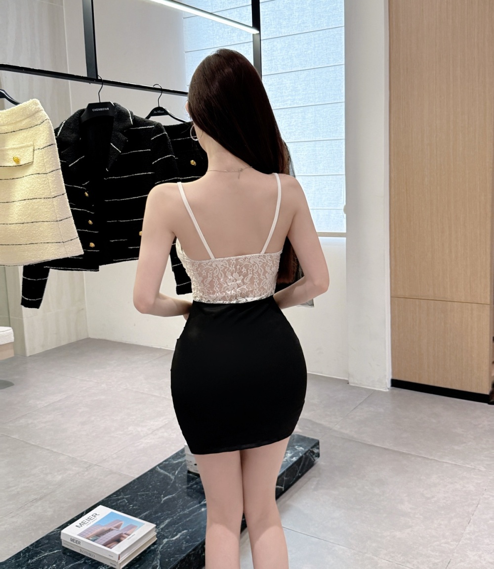 Halter sling hollow package hip mixed colors frenum dress