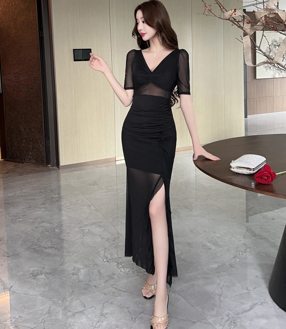 Short sleeve tassels long slim V-neck package hip dress