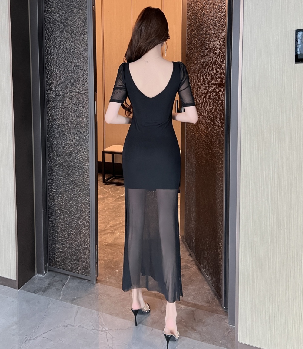 Short sleeve tassels long slim V-neck package hip dress