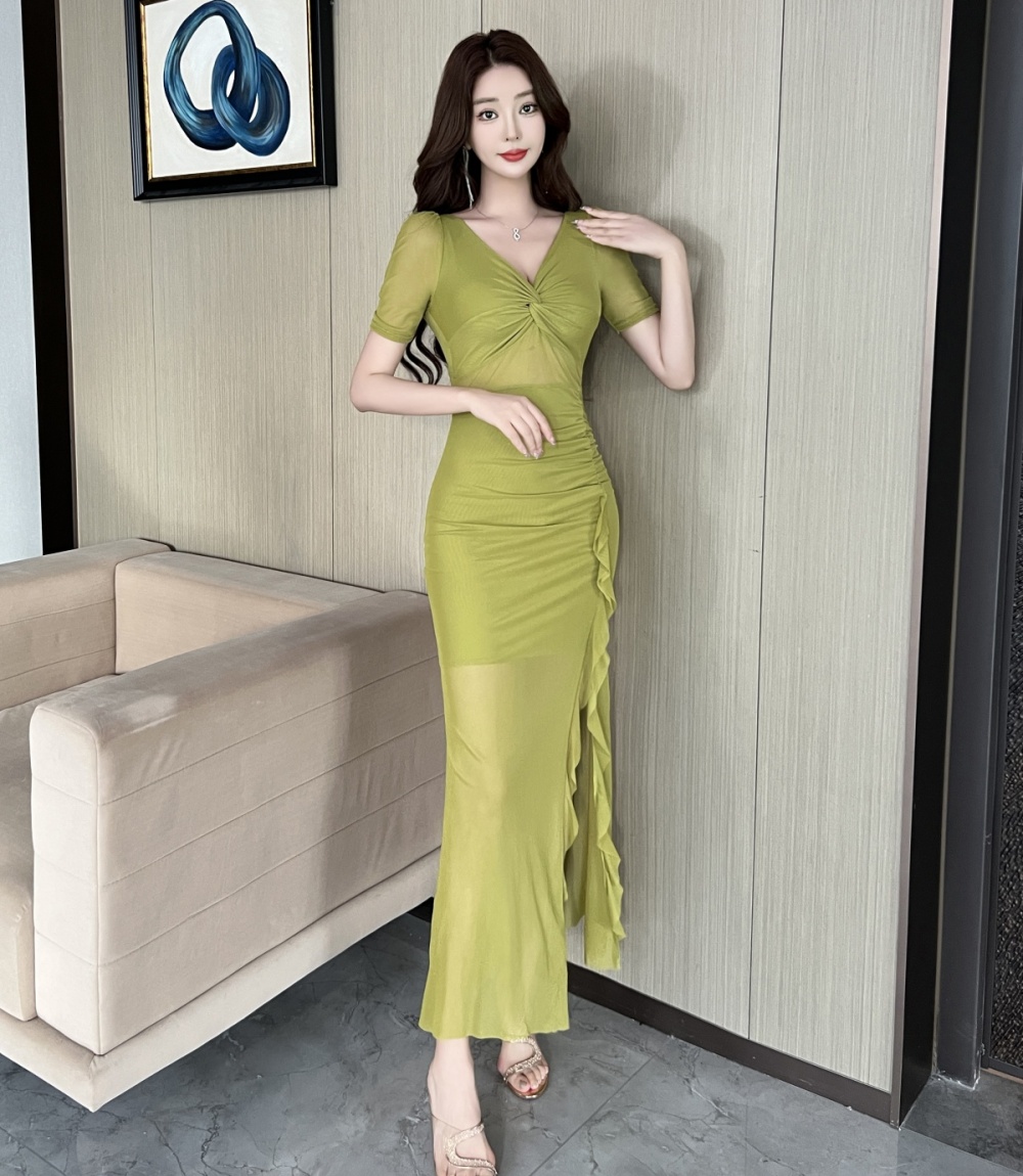 Short sleeve tassels long slim V-neck package hip dress