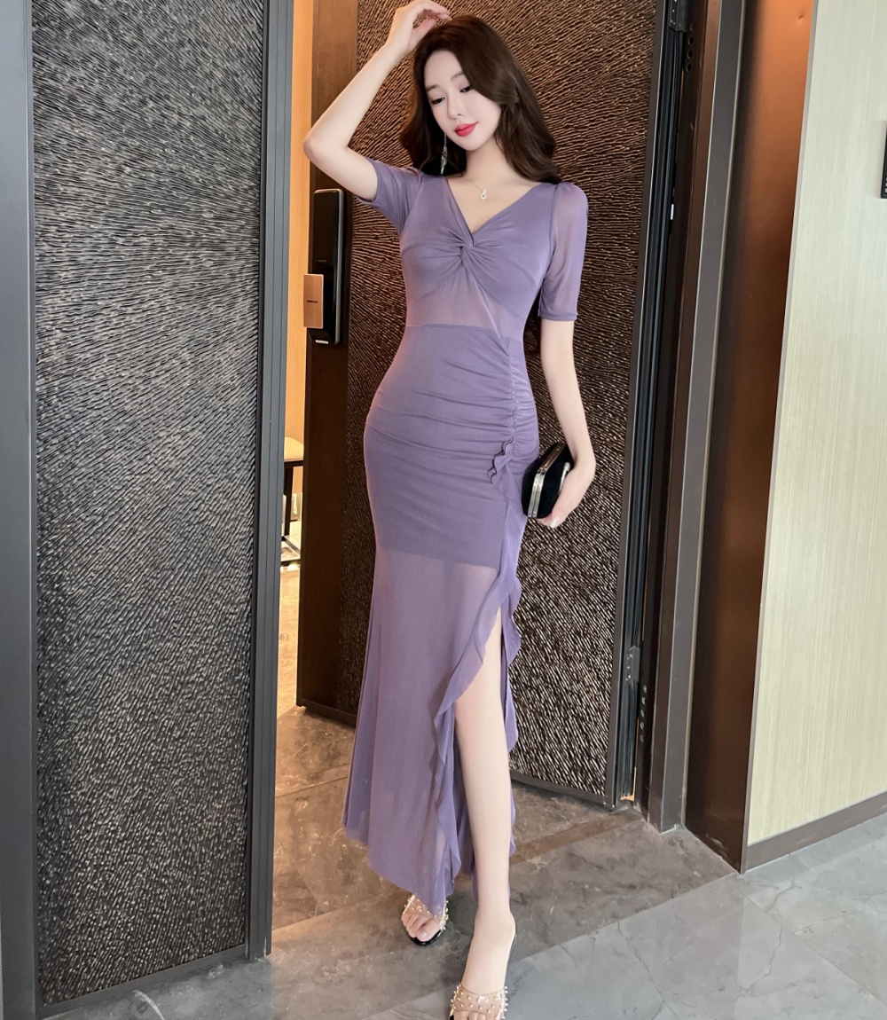 Short sleeve tassels long slim V-neck package hip dress