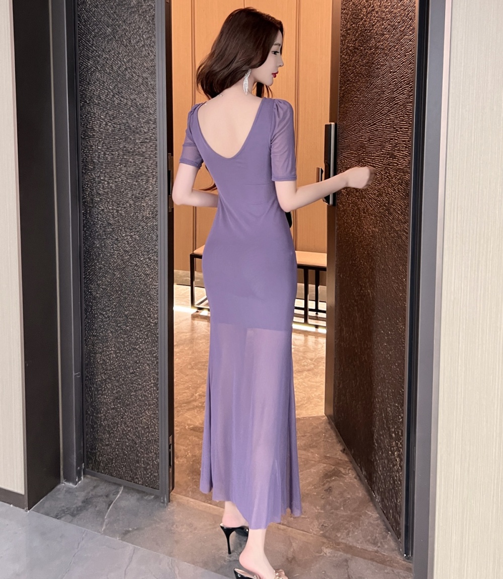 Short sleeve tassels long slim V-neck package hip dress