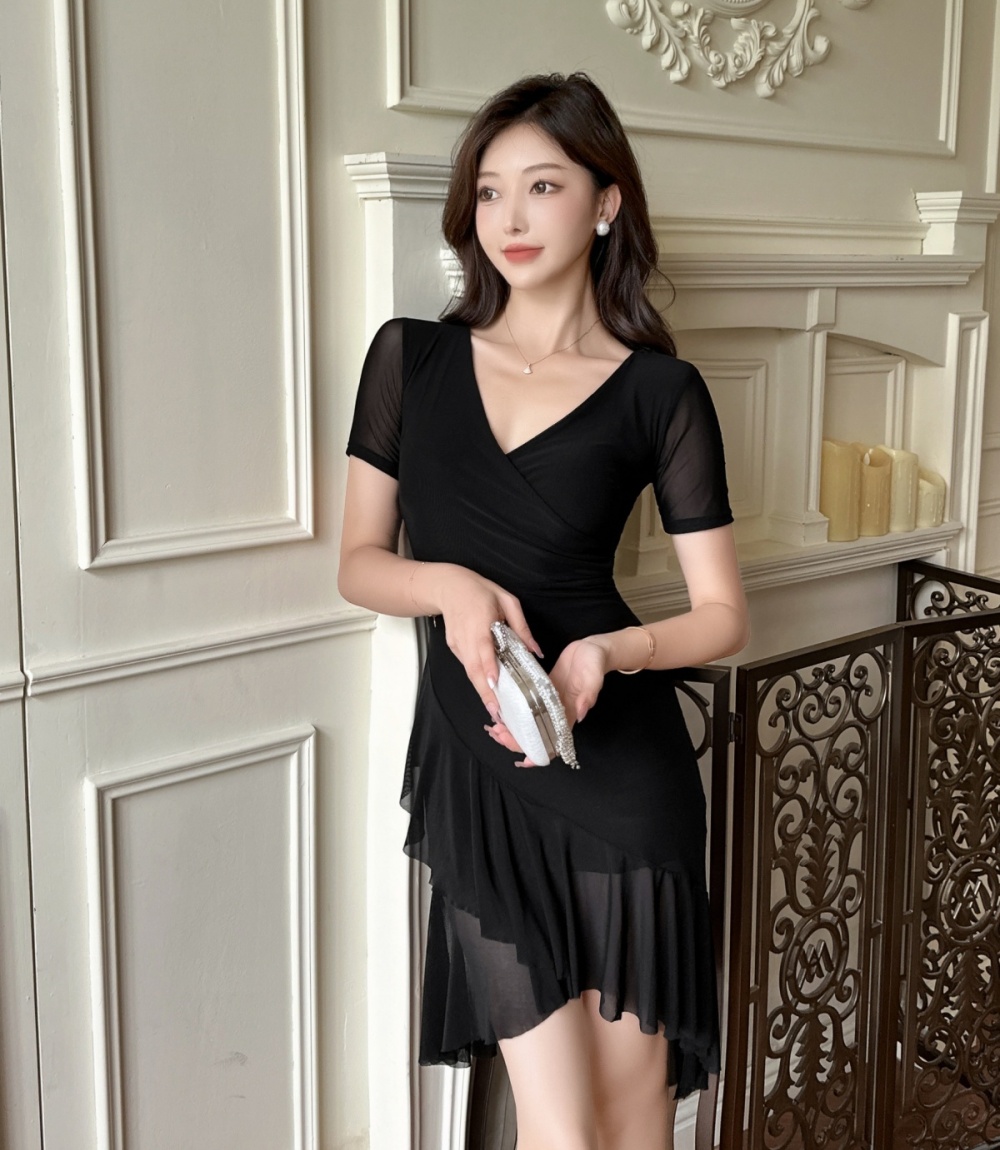 Sexy package hip mermaid short sleeve gauze V-neck dress