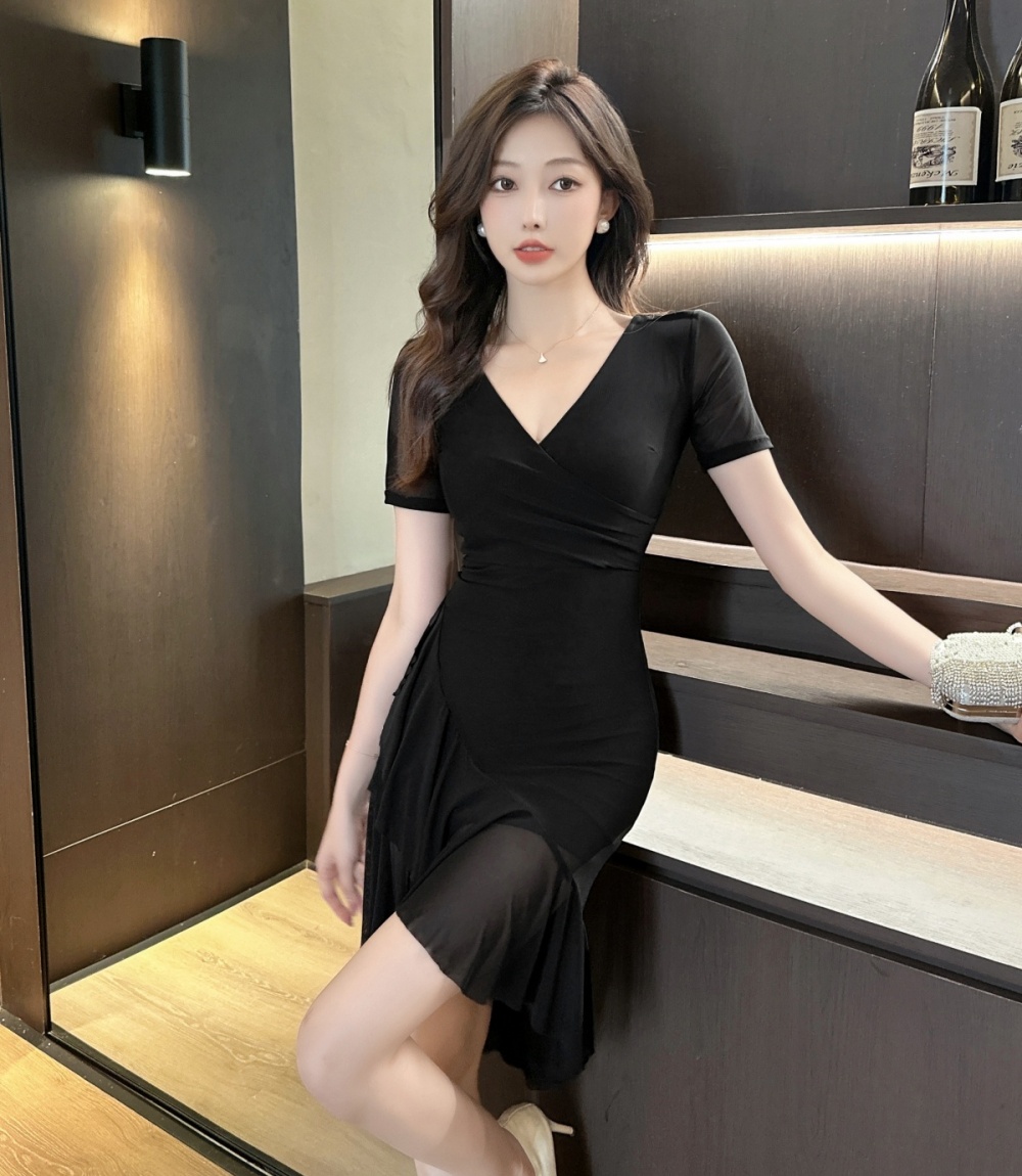 Sexy package hip mermaid short sleeve gauze V-neck dress