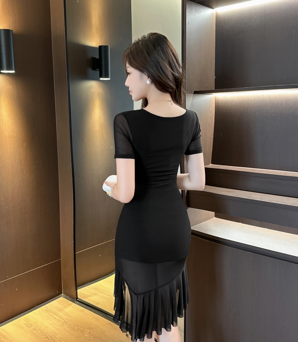 Sexy package hip mermaid short sleeve gauze V-neck dress