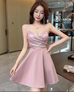 Low-cut A-line wrapped chest France style big skirt slim bow dress