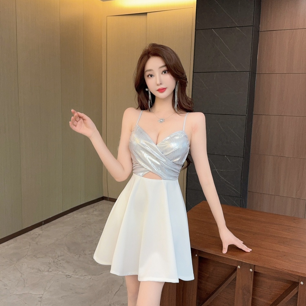 Low-cut A-line wrapped chest France style big skirt slim bow dress