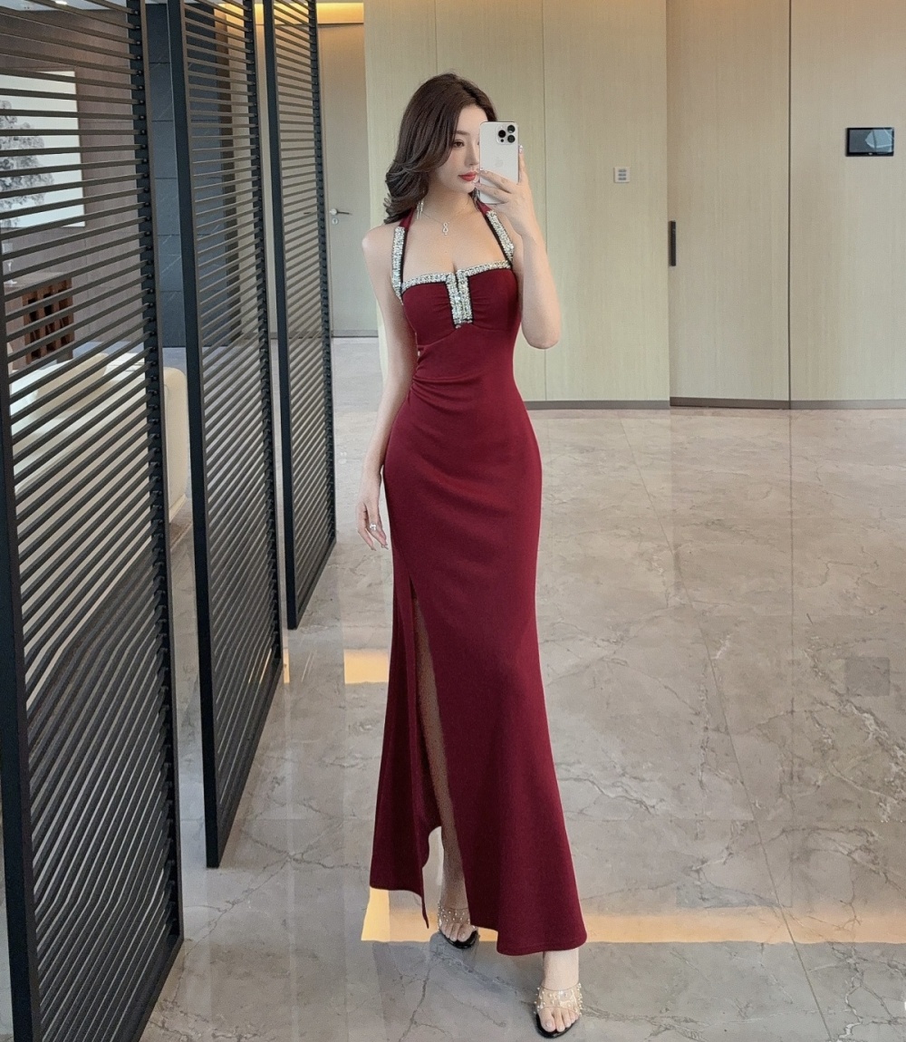 Slim package hip strapless formal dress halter sling dress