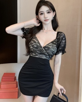 Short splice lace bottoming package hip sexy dress